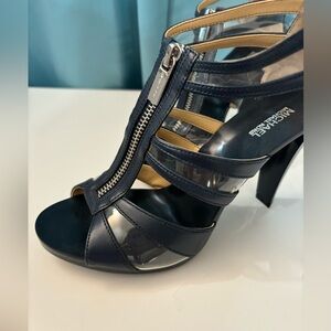 Michael Kors Zipper front 3 inch cutout Navy Blue high heels Silver hardware EUC
